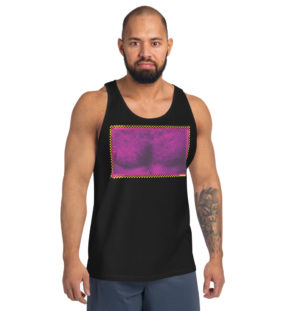 Man wearing the Burlexe burlesque unisex tanktop, a vest with a chest emblazoned across the front