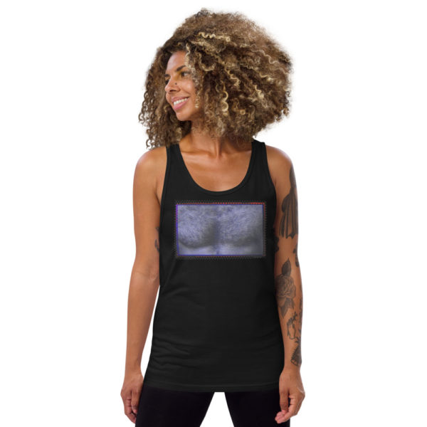 Woman wearing the Burlexe burlesque tanktop, a vest with a man's pecs emblazoned across the front.