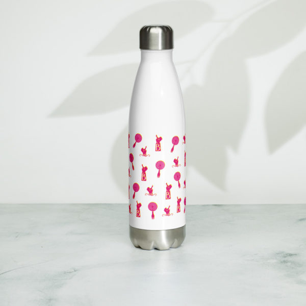 A white stainless steel burlexe burlesque water bottle with a burlesque-inspired pattern printed on it from Burlexe